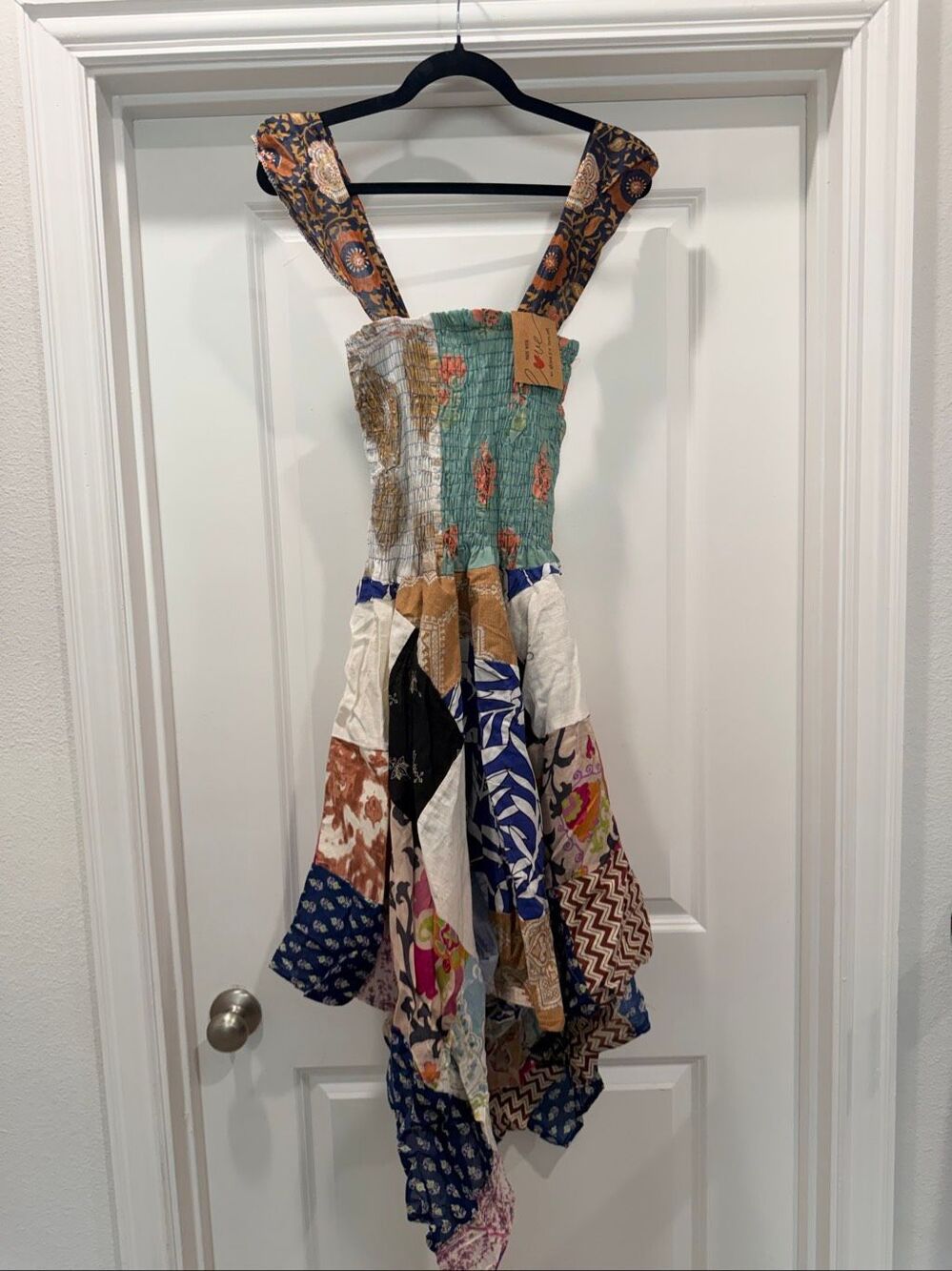 Ashley Taylor Boho Patchwork Midi Dress Multi Print Smocked Festival OS New